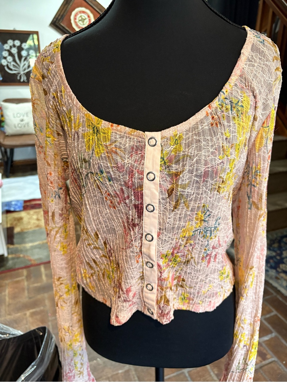 Free People Women's Pink Floral Button-Front Long-Sleeve Top
